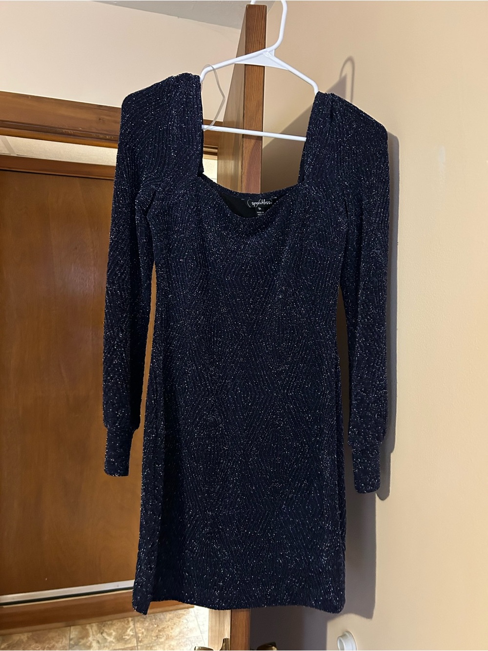 Soprano Navy Sparkle Long Sleeve Square Neck Mini Dress